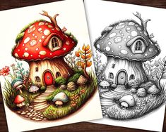 two drawings of houses in the woods with mushrooms and flowers on them, one has a mushroom house