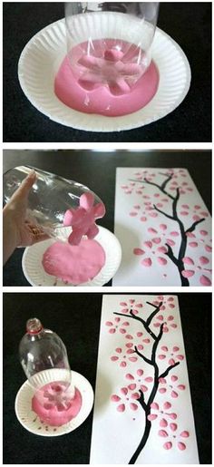 some paper plates with pink and black designs on them, one is made to look like a tree