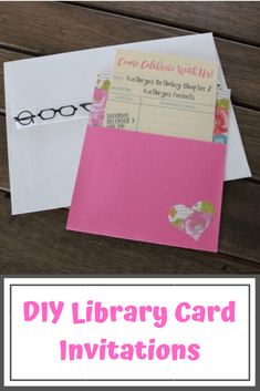 diy library card envelopes with text overlay that says diy library card in pink and white