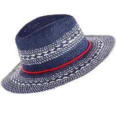 Keep the sunshine out of your eyes this summer with Shiraleah's Ames Hat. Made from deep blue paper straw with white woven details, this chic beach hat is the perfect match to any summer outfit. Pair with other items from Shiraleah's American Summer collection to complete your look! Casual Panama Hat For Beach Season Picnic, Casual Paper Straw Hat For Picnic, Blue Summer Sun Hat For Day Out, Blue Straw Hat For Beach Season, Blue Casual Panama Hat For The Beach, Casual Blue Panama Hat For Beach, Casual Blue Panama Hat For The Beach, Casual Blue Sun Hat For Day Out, Casual Blue Straw Hat For Vacation