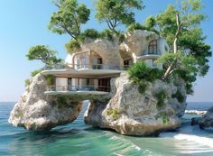 an unusual house built into the side of a cliff in the middle of the ocean