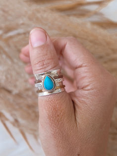 Teardrop Turquoise Gemstone Sterling Silver Spinner Ring for Bohemian Women Bohemian Adjustable Teardrop Turquoise Ring, Bohemian Teardrop Turquoise Adjustable Ring, Artisan Teardrop Adjustable Rings, Adjustable Teardrop Turquoise Ring, Tri Color Ring, Bohemian Women, Fidget Rings, Silver Spinner Rings, Spinner Ring