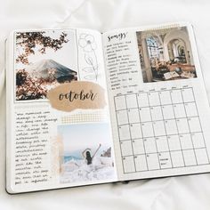 an open planner book with pictures and words on it, sitting on a white sheet