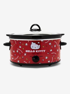 a hello kitty slow cooker with its lid open and the words hello kitty printed on it