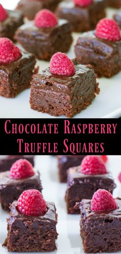 chocolate raspberry truffle squares on a white plate