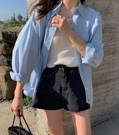 Yeon Su Our Beloved Summer Outfit, Light Blue Summer Style T-shirt, Chic Blue Summer T-shirt, Aesthetic Beach Outfits Korean, Sea Outfit Summer Korean, Korean Casual Outfits, Korea Fashion