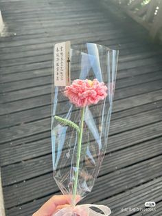 a person holding a flower in a clear vase with ribbon around it on a wooden walkway