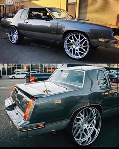 two pictures of the same car with chrome wheels and rims, one is green