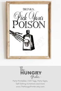 a poster with the words drink your poson on it and a skull in a bottle