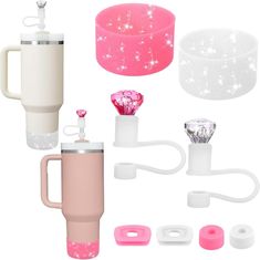 pink and white items are displayed on a white background