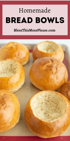 homemade bread bowls on a baking sheet with text overlay