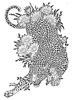 a black and white drawing of a leopard with flowers