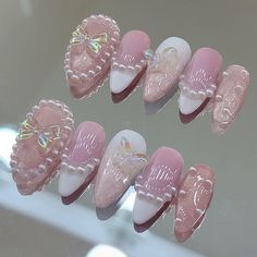 +.* ♡ | Handmade Beautiful Press On Nails |+.* ♡  +.* ♡  | Nail Prep Kit | +.* ♡  * 10 False Press On Nails * Nail Glue * Nail File * Free Stickers    size shown in photo is medium almond +.* ♡ | These are beautiful, high quality, Coquette Pink Nails. Custom made with lots of love. Shipping takes 2-3 business days. | +.* ♡  Message if any concerns arise 🫶 Etsy Press On Nails, Press On Nails Ideas, Pink White Nails, Coquette Nails, Fake Nails Designs, Medium Almond, Cute Simple Nails, Nail Prep, Cute Nail Art Designs