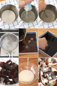 the process of making chocolate fudges is shown in several different pictures, including melting and mixing