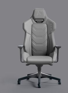 a grey office chair sitting on top of a table