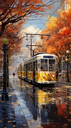 a painting of a yellow and white train traveling down a street next to trees with orange leaves