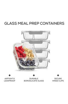 the glass meal prep containers are stacked on top of each other and labeled with different ingredients