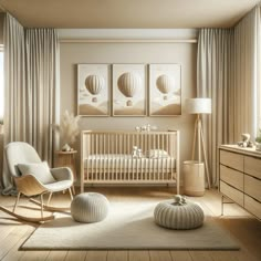 a baby's room with a rocking chair, crib and two hot air balloons on the wall