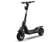 an electric scooter on a white background with the wheels facing forward and left