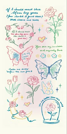 an image of flowers and butterflies on a white background with words written in different languages