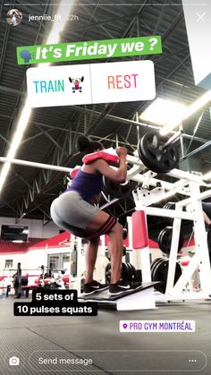 a woman squats on a bench in a gym with the caption it's friday we rest