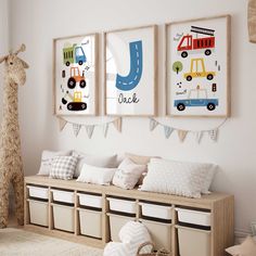 a child's room with toys and artwork on the wall