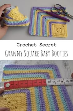 crochet secret granny square baby booties is shown with scissors and measuring tape