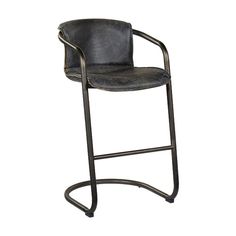 a black leather and metal bar stool with armrests on an isolated white background