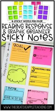 colorful sticky notes with the text reading response and graphic organizer sticky notes on them