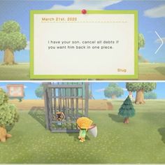 the animal crossing game is being viewed in two different screens, one with a sign that says