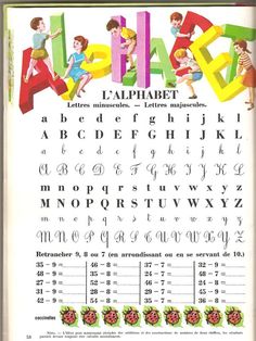 an old english alphabet is shown with children playing on the letters and numbers in it