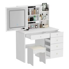 a white desk with drawers and a mirror