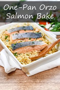 one pan orzo salmon bake with rice and parsley on the side is ready to be eaten