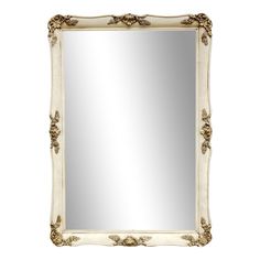 a large white mirror with gold trimmings on the edges and an ornate frame