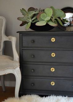 a black dresser with gold knobs and plants on top