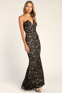 Romantic occasions call for a dress that exceeds all expectations, and the Lulus Sexy Sophistication Black Lace Strapless Trumpet Maxi Dress does that and more! This sexy dress is sure to make you a "sheer" delight with its floral lace composition (atop a beige stretch knit liner) that shapes a strapless, princess-seamed bodice with hidden no-slip strips and plunging neckline with a supportive V-bar. A high, fitted waist tops a figure-flaunting skirt that boasts a trumpet silhouette, falling ... Trumpet Silhouette, Black Lace Maxi Dress, Lace Strapless, Prom Looks, Short Sleeve Mini Dress, Black Lace Dress, Online Dress Shopping, Lace Maxi Dress, Affordable Clothes