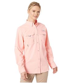 Columbia Bahamatm L/S Shirt (Tiki Pink) Women's Long Sleeve Button Up Land the Super Bahama L/S Shirt and you've got a real winner on your hands! The Performance Fishing Gear (PFG) collection is specifically designed for mobility and protection with the angler in mind. Relaxed Fit is loosely cut for improved range of motion. Omni-Shade UPF 30 fabrication protects skin during outdoor activity by blocking harmful Ultraviolet A and Ultraviolet B ray #Columbia #Apparel #Top #LongSleeveButtonUp #Pink Advertising And Promotion, Women's Cover Up, Fishing Gear, Womens Size Chart, Range Of Motion, Skin Protection, Product Reviews, Chef's Jackets, Women Long Sleeve