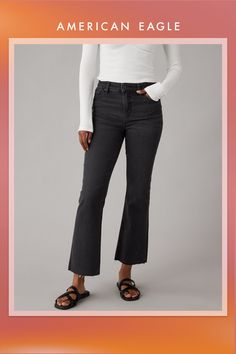 Next Level Stretch/Our softest, stretchiest, never-loses-its-shape denim./Holds its shape & won't bag out. Ever./Black wash Stretch Flare Jeans For Everyday Fall Wear, Mid-rise Bottoms For Everyday Use In Fall, Black Cropped Jeans Outfit, Flare Black Jeans Outfit, Faded Black Jeans Outfit, Black Jean Outfits, Black Jeans Outfit Summer, Black Jeans Outfit Fall, Wash Jeans Outfit