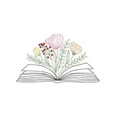 an open book with flowers on it