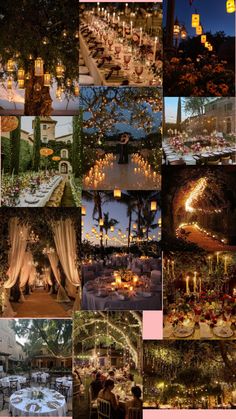 a collage of photos with candles and tables