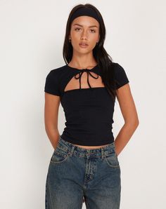 Black Vest Top | Novalie – motelrocks-com-us Cute Black Top Outfits, Just Sleeves Top, Cute Work Tops, Summer Short Sleeve Tops, Black Top Outfit Aesthetic, Top Sewing Ideas, Cute Going Out Tops, Black Tops Aesthetic, Off Shoulder Top Outfit