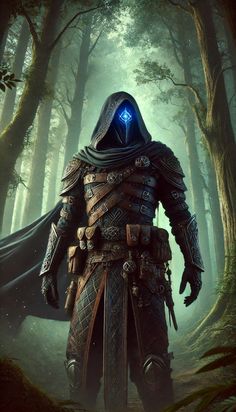 a man in armor standing in the middle of a forest with blue eyes and a cloak over his head