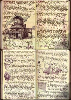 an open book with drawings on it and writing in the pages, including two pictures