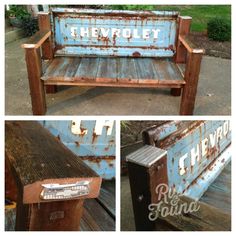 an old rusted wooden bench with the word cheetot painted on it's back