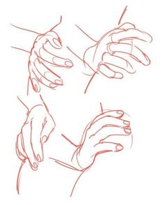 two hands holding each other with one hand over the other's shoulder, in red ink