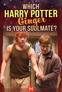 two young men standing next to each other in front of a door with the words which harry potter ginger is your soulmate?