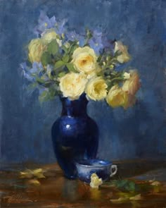 a painting of yellow roses in a blue vase