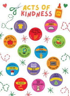 the cover of acts of kindness, with colorful stickers and scissors on white background