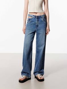 MO&Co. Women's Deconstructed Cotton Jeans Features : - Straight leg- High waist with cut-out detailsCode: MBC3JENT08Length of size M is 106cm MATERIALS & CARE : Material : 100% CottonUse a washing machine at the mild process of 30 centigradeDo not bleach, hang to dryIron and dry at low temperature Do not dry clean, do not expose to the sunWash separately, do not soakTips : The denim product has a slight color fading, which is a normal phenomenon.REMINDER: All items are measured manually. Please Spring Bottoms With Cutout Details, Trending Jeans For Women, Trending Jeans, Jean Trends, Cotton Jeans, Jeans For Women, Straight Jeans, Jeans Fit, Washing Machine