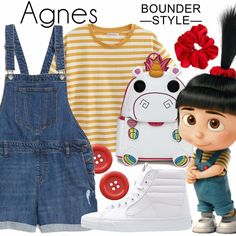 the character agnes is wearing overalls, striped shirt and white shoes